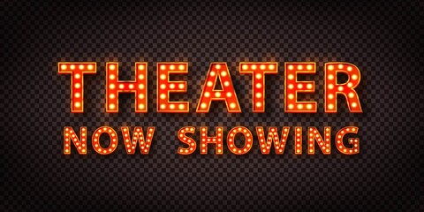 Vector realistic isolated retro marquee billboard with electric light lamps of Theater Now Showing logo for invitation on the transparent background.