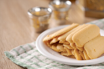 kue lidah kucing or katte tong biscuit. islamic cookies biscuit for eid mubarak tradition