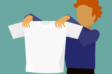 The vector template picture of a man hold white t-shirt.