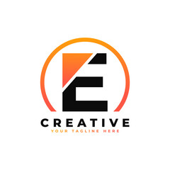 Letter E Logo Design with Black Orange Color and Circle. Cool Modern Icon Letters Logo Vector.