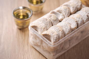 kue putri salju or snow white cookies. islamic cookies biscuit for eid mubarak tradition