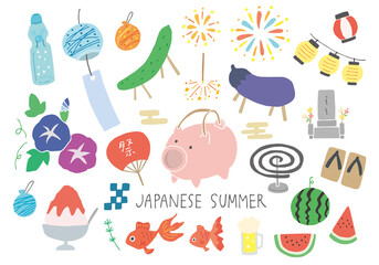 お盆にまつわる手描きイラストセット（カラー/輪郭線なし）