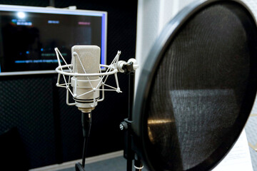 Studio microphone for professional recording. The sound recording studio. 