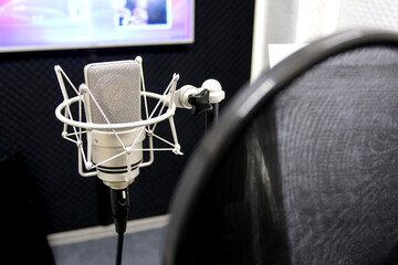 Studio microphone for professional recording. The sound recording studio. 