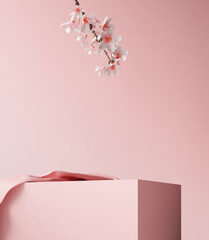 Pink product display podium with blossom flowers on pink background. 3D rendering	