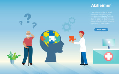 Alzheimer diseases, memory loss, neurology therapy and mental health in senior people. Doctor hold jigsaw puzzle missing piece in human brain to senior patient. 