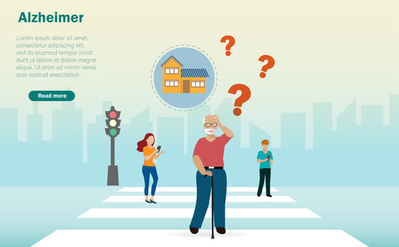 Alzheimer diseases, memory loss,  neurology and mental health in senior people. Elderly man walking on street lost his way home, unable to recall his memory due to alzheimer symptom. - Powered by Adobe