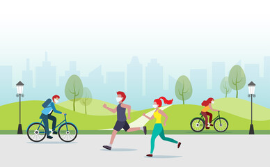 People jogging, cycling, exercising at public park with face mask. Safety healthy lifetyle during covid-19 pandemic. New normal and social distancing to prevent from Covid-19 coronavirus.