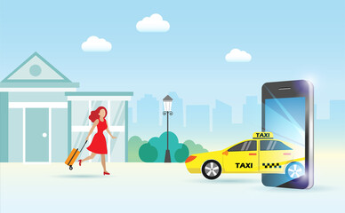 Online taxi service and transportation technology concept. Taxi penetrating from smart phone screen to pick up woman passenger with luggage at home.
