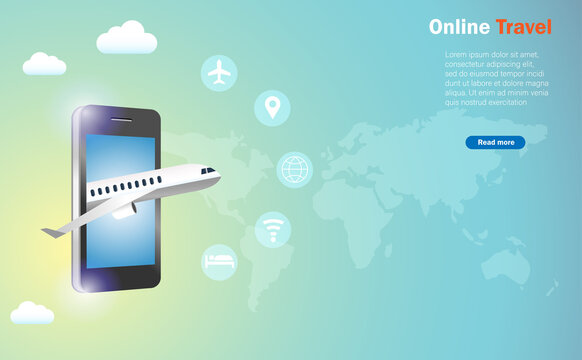 Online booking travel, aviation industry and transportation technology concept. Airplane penetrate through mobile screen with traveling icons and world map background.