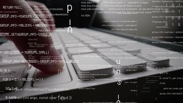 Creative visual of computer programming coding and software development shown by man working on computer keyboard with overlay of computer graphic displaying abstract program codes and computer script