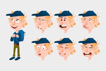 Cheerful boy emotion constructor, cartoon character, flat style.