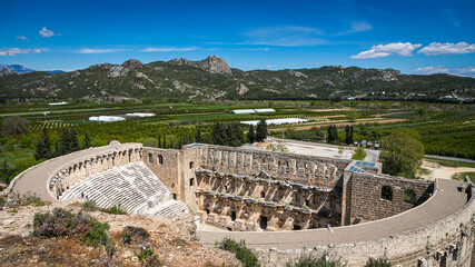 Fototapeta na wymiar Aerial view of Aspendos Antique Theater, best-preserved antique theater in the world