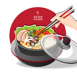 Sukiyaki hot pot at restaurant, Hand holding chopsticks eating Shabu, vector illustration