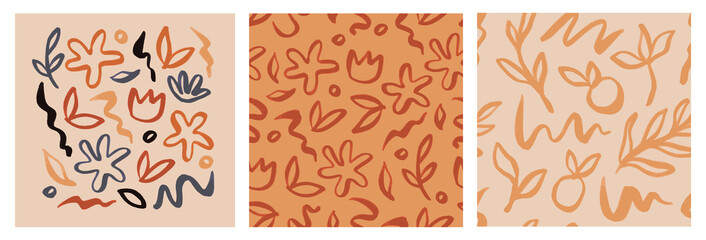 Abstract seamless pattern bundle with natural shapes, random freehand line scribble wallpaper collection. Trendy background includes modern minimalist art, tropical fruit and exotic summer doodle. 
