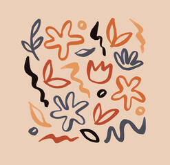 Fototapeta na wymiar Abstract natural shape bundle. Random freehand line scribble shapes collection. Trendy icon set includes modern minimalist floral art, tropical fruit and exotic summer doodle. 