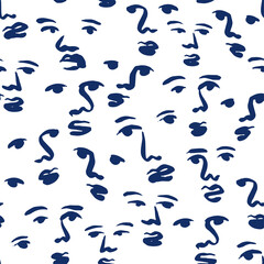 Abstract hand drawn woman face seamless pattern illustration of line girl head doodles. Modern female portrait background design with freehand cartoon.