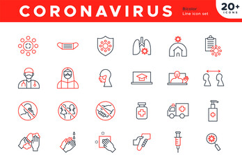 Big set of coronavirus disease outline icons. Modern flat cartoon icon bundle for covid-19 medical concepts. Includes face mask, doctor, and health protection symbols.