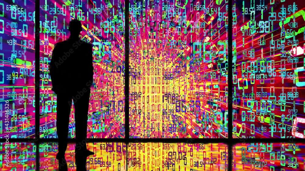 Wall mural man in a futuristic data flow hyperspace tunnel