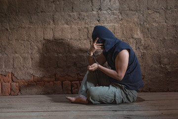 Fototapeta premium prisoner concept,Handcuffed hand of a prisoner in prison, Male prisoners were severely strained in the dark prison, violence,