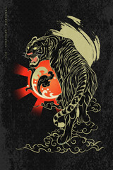 Japanese Abstract Art Tiger Roaring with Rear View on the Gold Stroke Brush with Clouds and Water Splash Icon Combined with Gradient Sun with Radiant on Leave Repeat Pattern Black Background