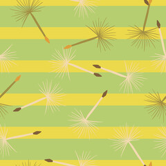 Hand drawn seamless doodle pattern with random dandelion flower shapes. Striped green and yellow background.