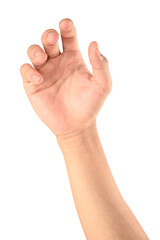 	
isolated of male caucasian hand holding something like a bottle or can.	
