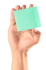 Fototapeta premium Male caucasian hand hold virtual business card, credit card or blank paper isolated on white background. 