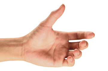 	
isolated of male caucasian hand holding something like a bottle or can.	
