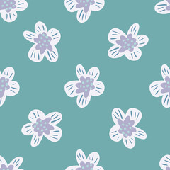 Decorative seamless pattern with white colored flower buds shapes. Blue background. Summer nature print.