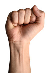Male caucasian showing fist hand isolated on a white background.	