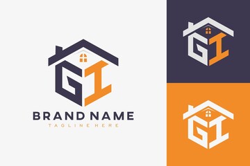 hexagon GI house monogram logo for real estate, property, construction business identity. box shaped home initiral with fav icons vector graphic template - obrazy, fototapety, plakaty