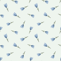 Obraz premium Scrapbook botanic seamless pattern with little blue random outline crocus flower elements on light background.
