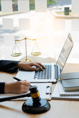 Lawyer Consulting Businessman in Office with Judge Hammer and Justice Scales with Laptop, Attorney Concept and Legal Consulting.