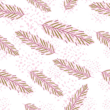 Pink random geather elements seamless doodle pattern. Isolated print on white background. Boho style.