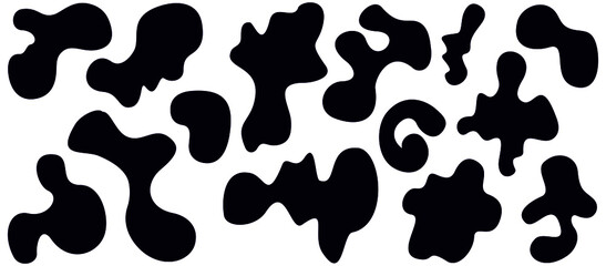 Black blobs, liquid, colored organic blot smooth form. Set of random shapes of irregular form. Drop of fluid. Blotch, inkblot texture. Pebble, inkblot stone silhouette round abstract shape.