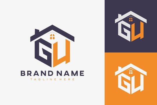hexagon GU house monogram logo for real estate, property, construction business identity. box shaped home initiral with fav icons vector graphic template
