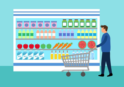 Man shopping in grocery store or supermarket with trolley in flat design.