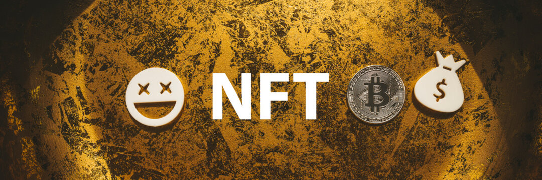 NFT digital art banner gold background with cryptocurrency and emoticons panoramic. - Powered by Adobe
