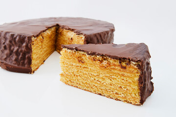 Delicious slice of German chocolate cake, seen from the front