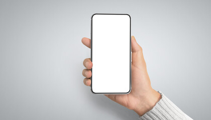 Hand holding smartphone device touching screen