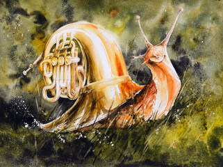 Happy snail with trumpet instead of shell. Picture created with watercolors. - 431419953