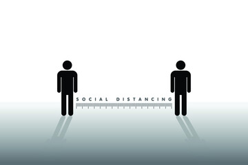 Two people icon standing keep distance with the word social distancing in between concept, New normal concept, People keeping distance for infection risk and disease Coronavirus.