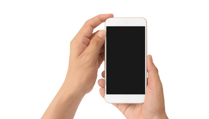 Hand holding smartphone device touching screen