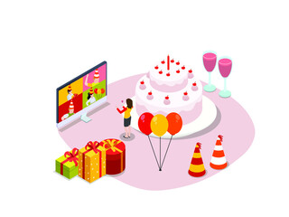 Party online vector concept. Young woman celebrating her birthday party with her friends while doing video call by using computer