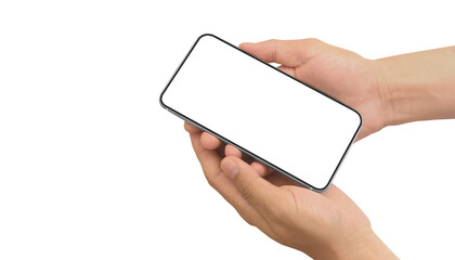 Hand holding smartphone device touching screen