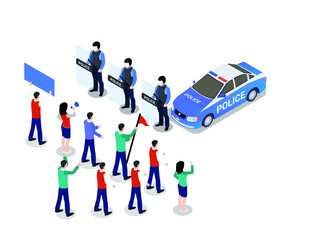 Police activity vector concept. Group of riot police making line and holding shield while standing with crowd people at demonstration