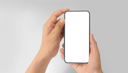 Hand holding smartphone device touching screen