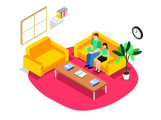 Fatherhood vector concept. Little girl studying with her father and sitting in the living room while doing study from home