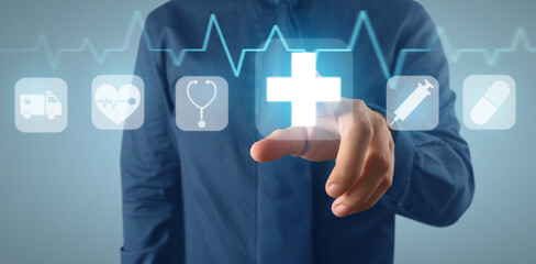 Hand double exposure of healthcare And Medicine concept